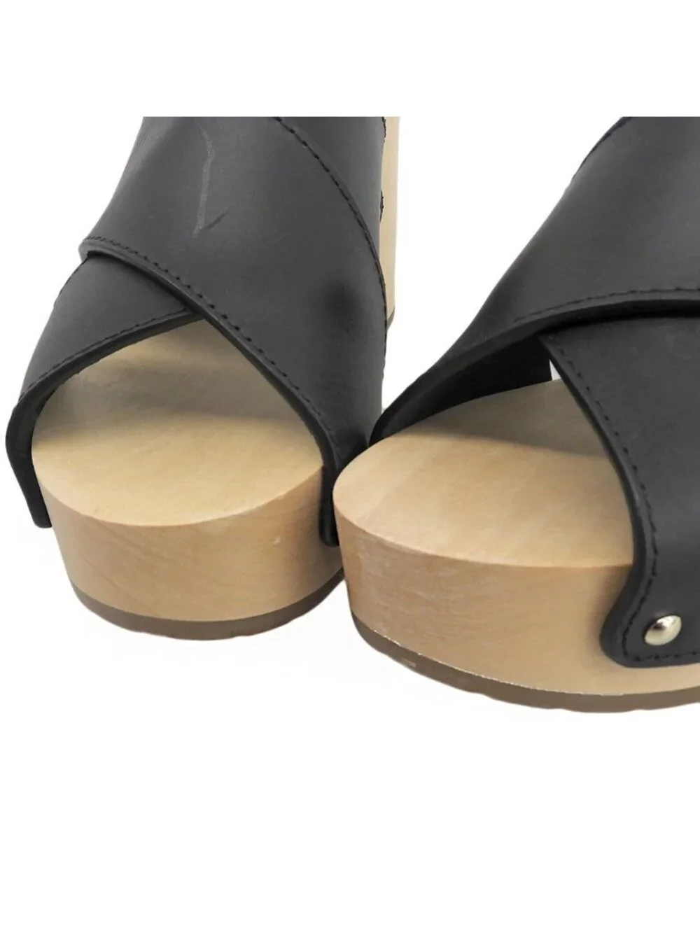 Chanel CC Logo Wood Wedge Sole Sandals 34 Black Almost Kids